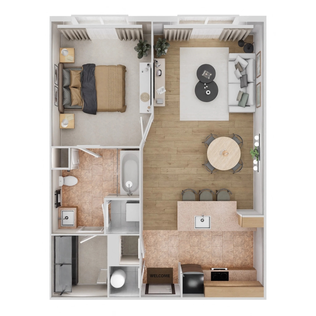 Floor plan for 1 bed, 1 bath, 681 sqft